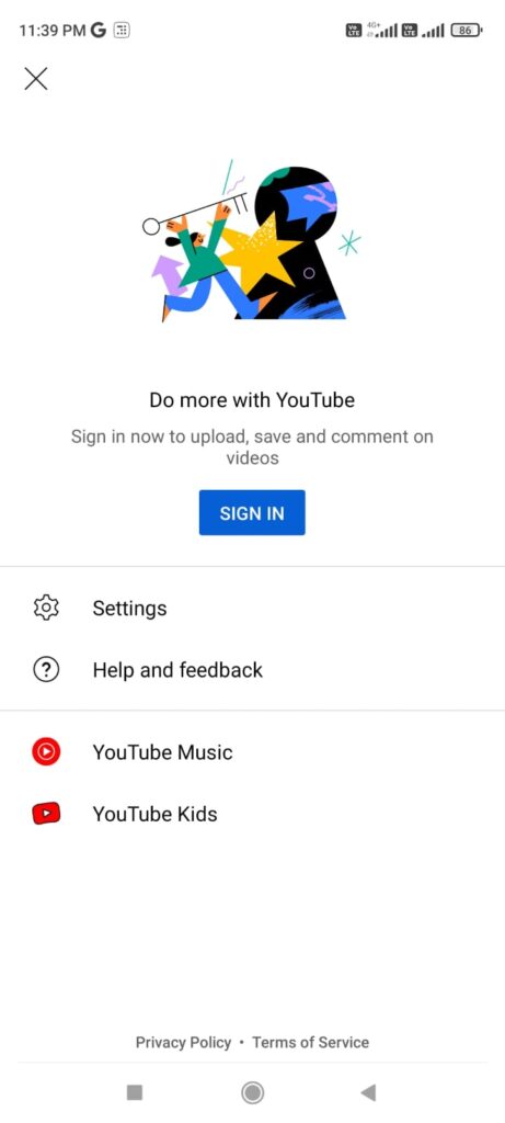 YouTube Blue App with sign in option